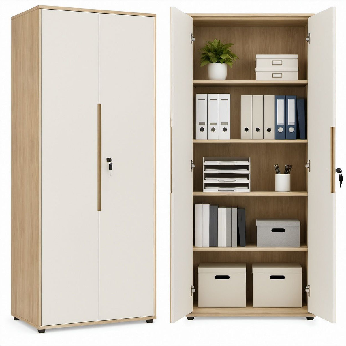 Armário Alto com 2 Portas e Fechadura, Branco e Carvalho Claro, 80 x 40 x 180 cm