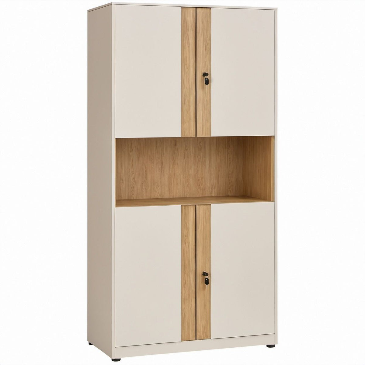 Armário Alto com 4 Portas e Fechadura, Nicho Central, Bege e Carvalho Natural, 80 x 40 x 200 cm