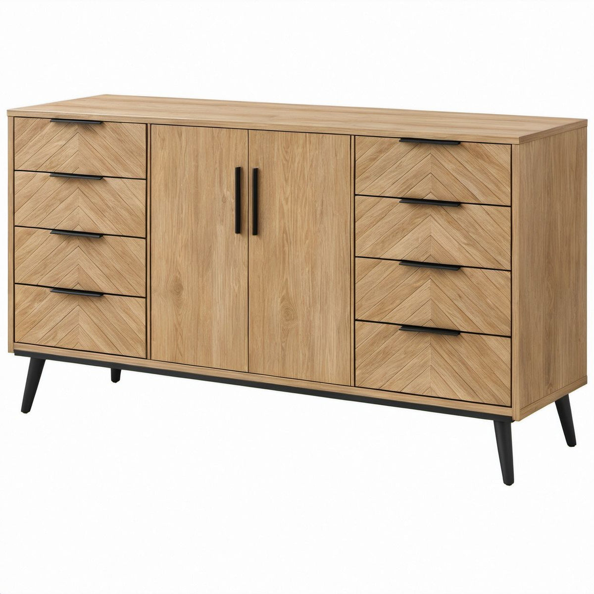 Aparador Retangular em MDF Carvalho e Preto com 8 Gavetas e 2 Portas, 160 x 40 x 85 cm