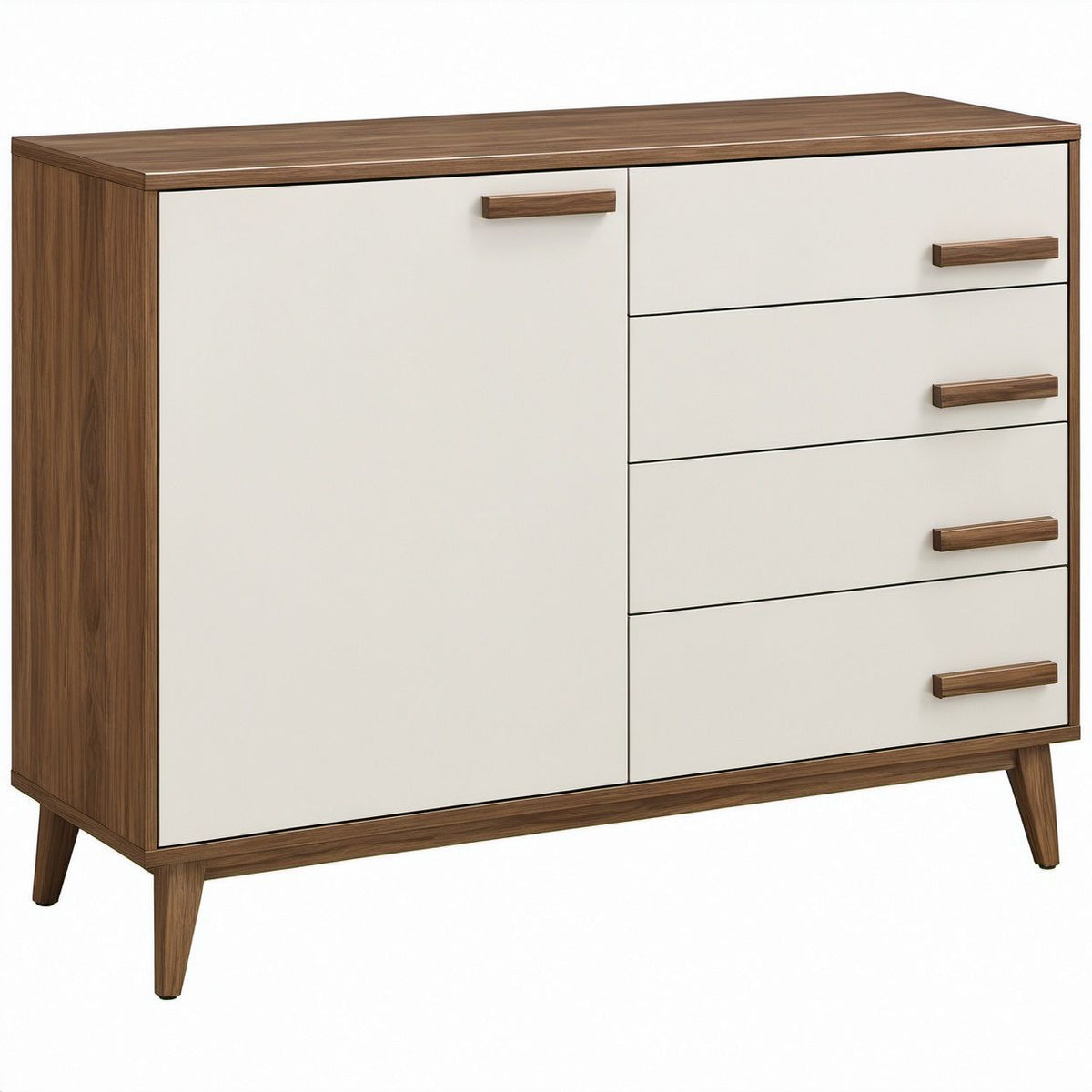Aparador em MDF Nogueira e Branco 120 x 40 x 90 cm com 4 Gavetas e 1 Porta