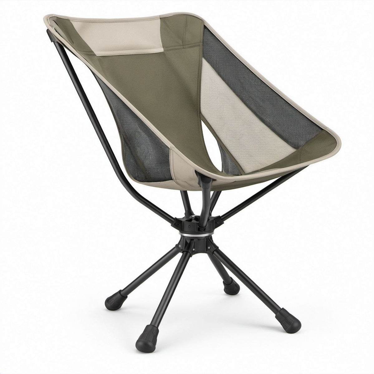 Cadeira de Campismo Alta Ergonómica Verde Oliva, Bege e Preta em Poliéster e Aço, 75 x 65 x 95 cm