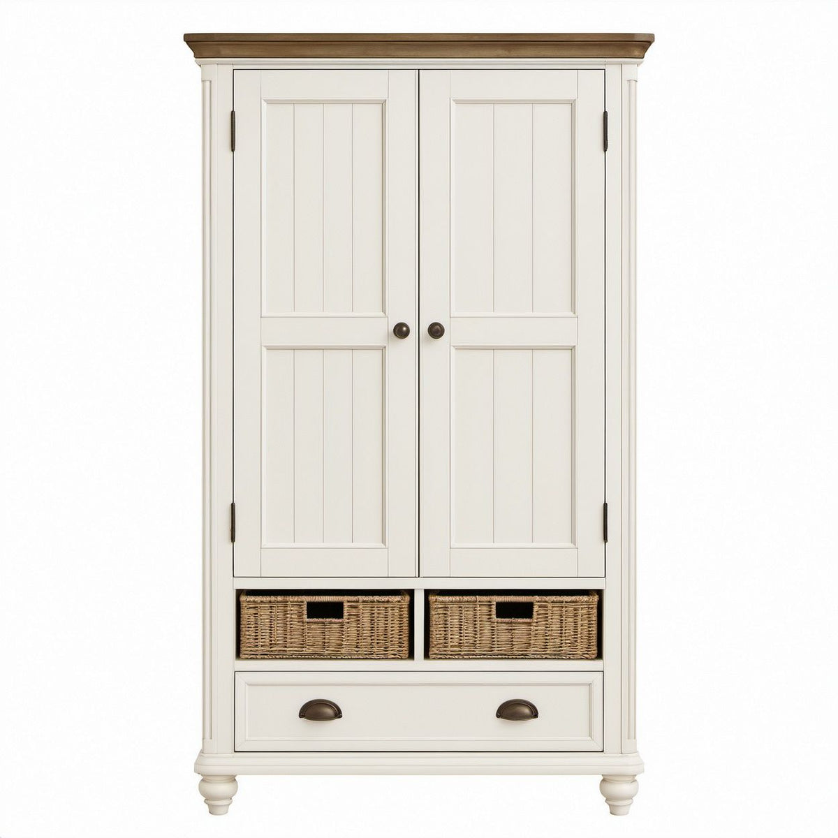Armário Alto em MDF Branco e Castanho com Cestas em Rattan, 90 x 45 x 180 cm