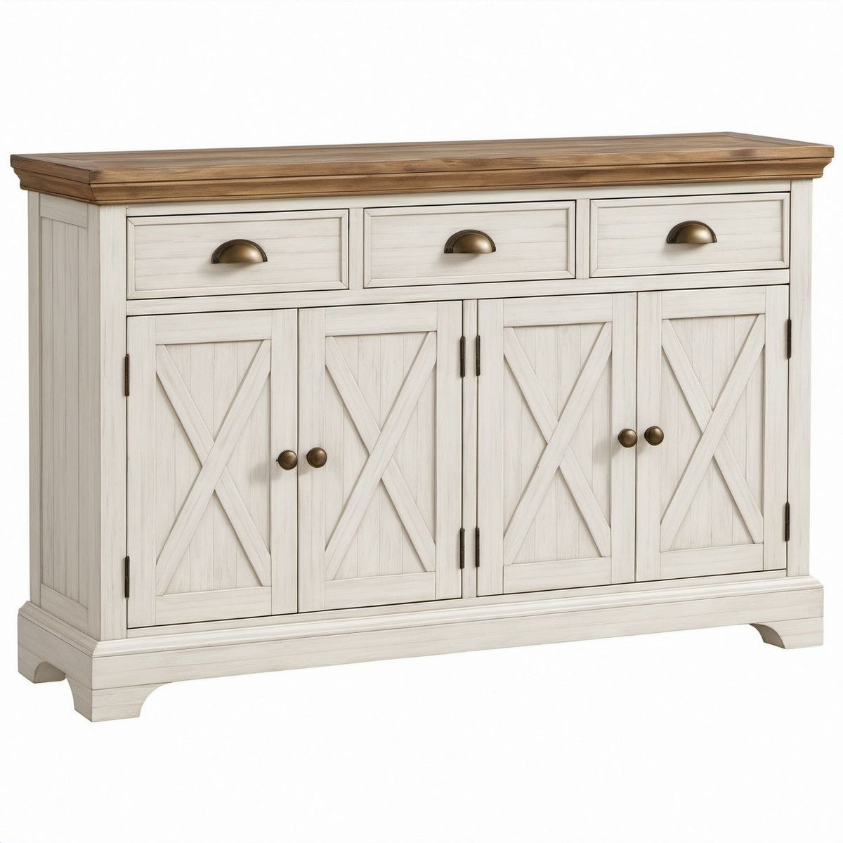 Armário Retangular em MDF Branco e Nogueira 160 x 45 x 95 cm com 4 Portas e 3 Gavetas