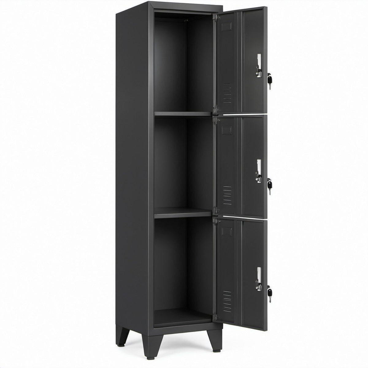 Armário vertical em aço preto com 3 portas e fechaduras, 180 x 38 x 45 cm