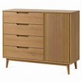 Cómoda em MDF com Folheado de Carvalho Natural, 4 Gavetas e Porta Canelada, 120 x 40 x 100 cm