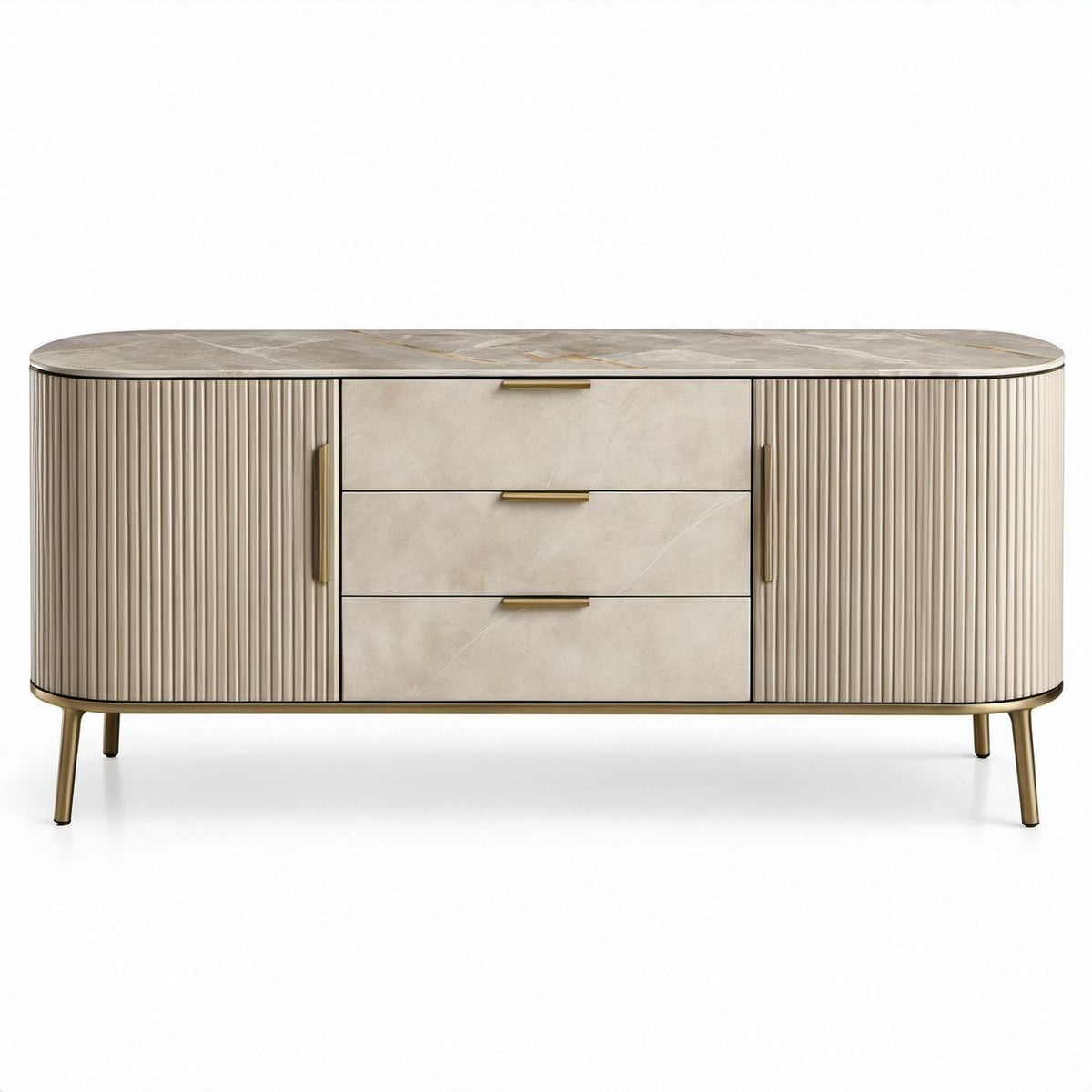 Aparador Bege e Dourado em MDF e Pedra Sinterizada, 180 x 45 x 85 cm