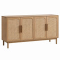 Aparador retangular de 4 portas em MDF folheado a carvalho com vime natural, 160 x 40 x 85 cm